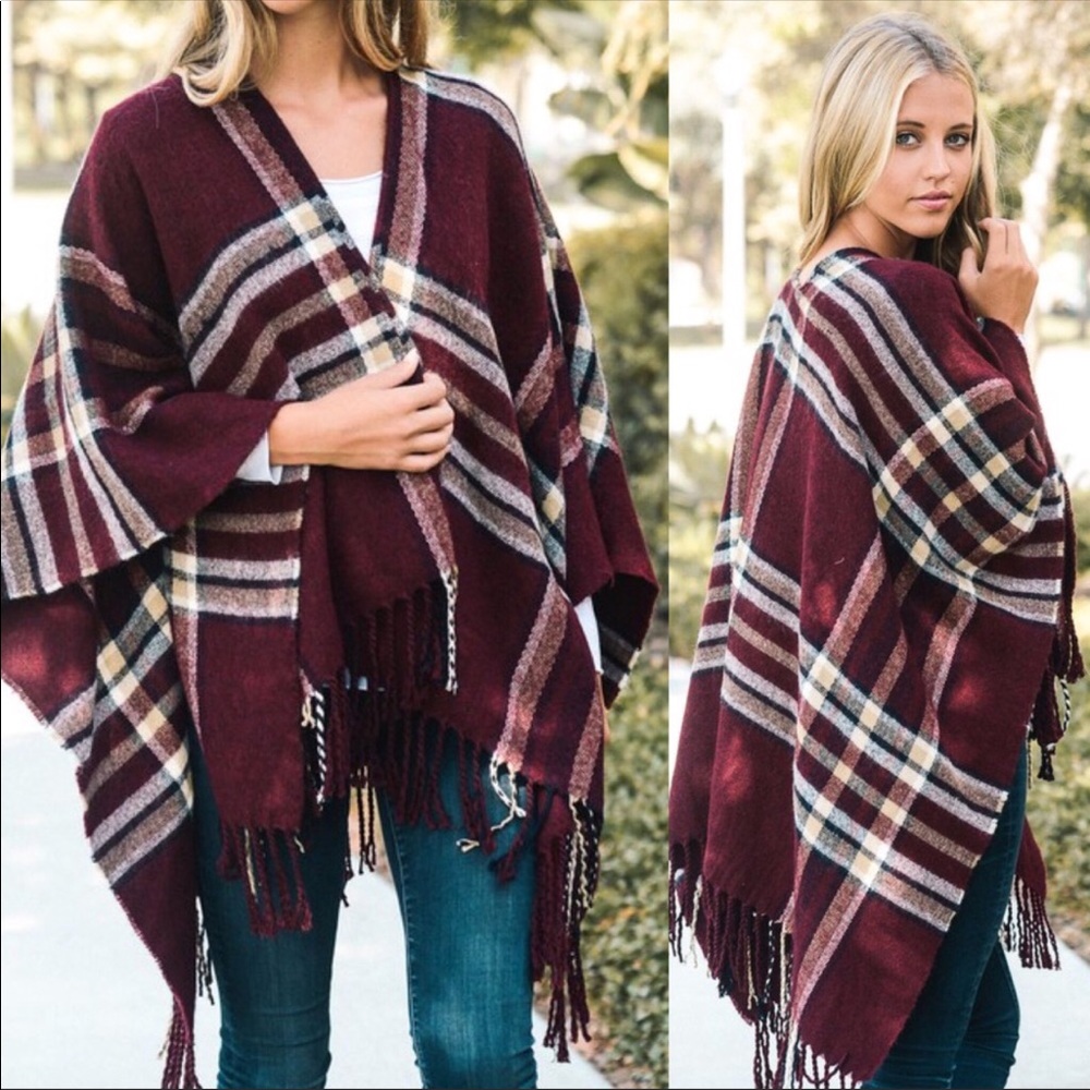 Plaid Wrap Poncho Tassel Red